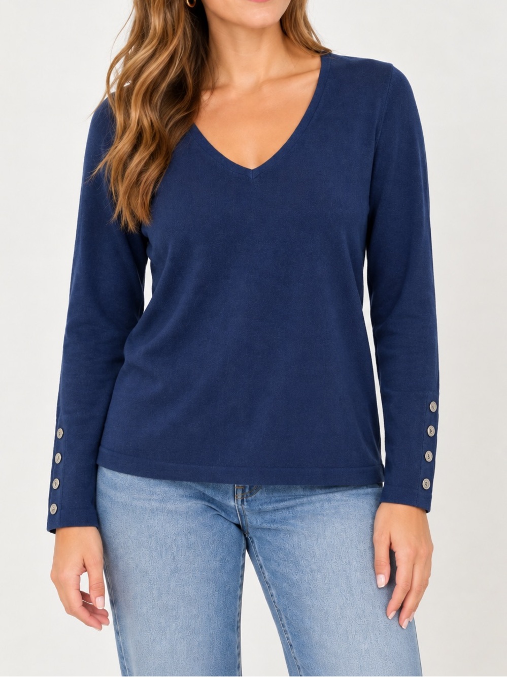 J. McLaughlin Marine Navy Blue V-Neck Cotton Button Cuff Sweatshirt
